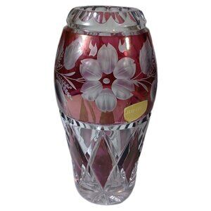 Large Vtg 9.5" Egermann Cut To Clear Vase Cranberry Pink Crystal West Germany